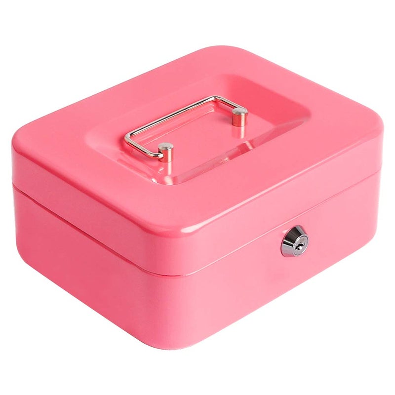 Decaller Cash Box with Money Tray, Metal Locking Money Box with Key Lock for Security, 7 4/5" x 6 1/3" x 3 1/2", Pink - Image 1